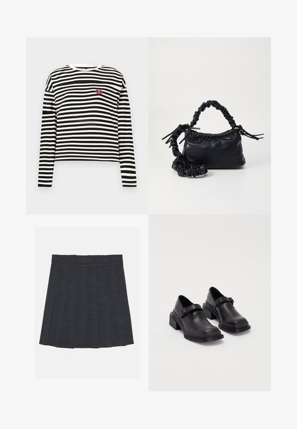 Schwarz-weißer langärmeliger gestreifter Shirt mit einem kleinen roten Herz-Patch, auf dem "The VIP Club" steht, auf der linken Brust.; Dunkelgrauer, plissierter Rock mit elastischem Bund, aus einem strukturierten Stoff und in klassischer A-Linie. Geeignet für die Freizeit.; Schwarze Lederhalbschuhe mit runder Zehenpartie, flacher Sohle und einem Riemen mit Schnallen-Detail. Robuster Blockabsatz für zusätzliche Stabilität.; Schwarze Handtasche aus Kunstleder mit Krokodilstruktur, gerafftem oberen Teil und einem geschoppten Tragegurt. Sie wirkt weich und kompakt im Design.