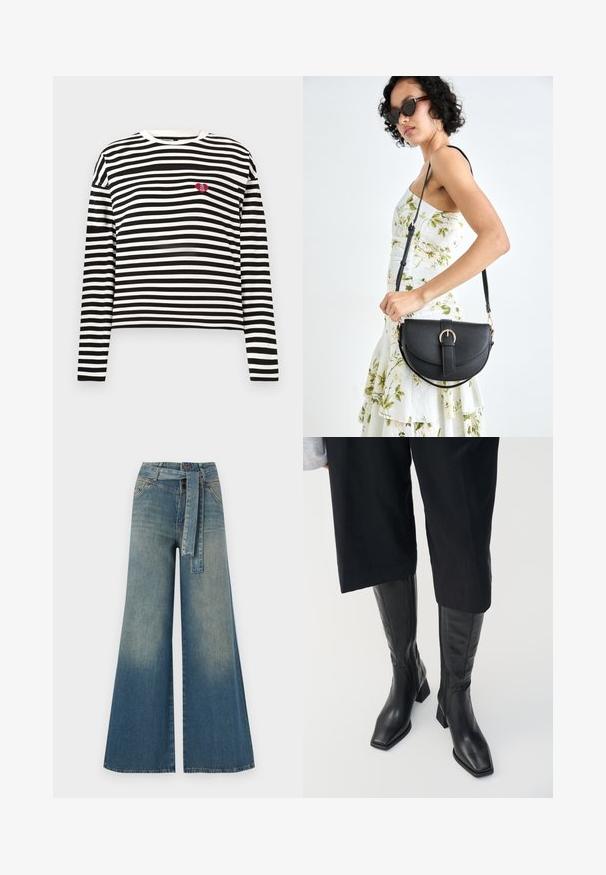 Schwarz-weißer langärmeliger gestreifter Shirt mit einem kleinen roten Herz-Patch, auf dem "The VIP Club" steht, auf der linken Brust.; Weit geschnittene Denim-Hosen mit einem Farbverlauf von hellblau zu dunkelblau, hoher Taille, Gürtelschlaufen und einem passenden Stoffgürtel. Strukturierte Denim-Oberfläche.; Schwarze Lederstiefel bis zum Knie mit quadratem Zehen und Blockabsatz. Mit einem seitlichen Reißverschluss und glatter Textur.; Schwarze Lederhandtasche mit geschwungener Form, abnehmbarem Tragegurt und goldenen Beschlägen. Die Tasche verfügt über einen Deckel mit einer Schnallen-Details.