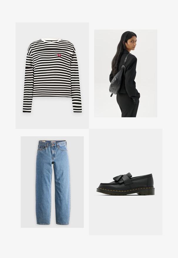 Black and white horizontal striped long-sleeve shirt with a small red heart patch reading “The VIP Club” on the left chest.; Light blue denim jeans with a straight leg design, five pockets, a zipper fly, and a subtle faded texture. Classic styling with minimal hardware.; Black leather loafers with a rounded toe, featuring a fringed detail and a decorative band across the front, set on a chunky heel.; Woman with long dark hair wearing a black suit, carrying a black leather shoulder bag, looking over her shoulder against a white background.