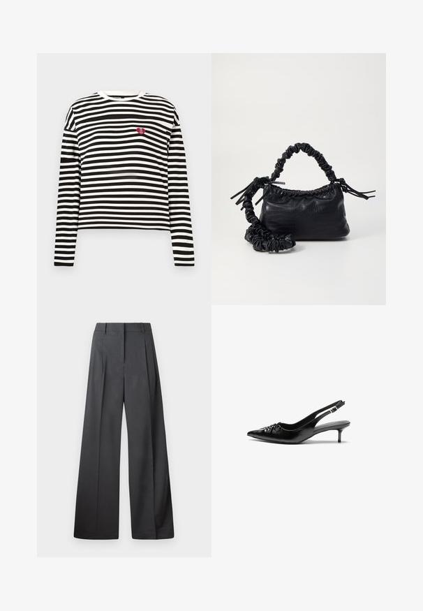 Svart och vit randig långärmad tröja med ett litet röd hjärta som har texten "The VIP Club" på vänster bröst.; Vida byxor i mörkgrått tyg, med hög midja, enkla veck och en mjuk yta med en ren finish vid fållen.; Svarta läder slingback klackar med spetsig tå, liten kittenklack och en dekorativ knutdetalj på framsidan. Slät textur hela vägen.; Svart faux läderhandväska med krokodiltextur, snodd topp och en skrämd rem. Ser mjuk och kompakt ut i designen.
