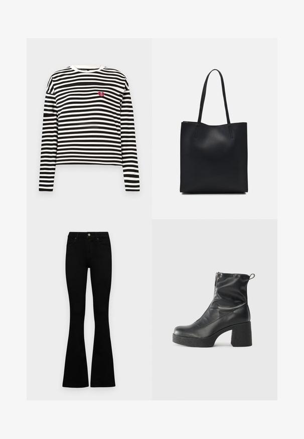 Schwarz-weißer langärmeliger gestreifter Shirt mit einem kleinen roten Herz-Patch, auf dem "The VIP Club" steht, auf der linken Brust.; Schwarze hochtaillierte Jeans mit einem Knopf- und Reißverschluss, Fronttaschen und ausgestellten Beinen, flach auf einem weißen Hintergrund ausgelegt.; Schwarze Stiefeletten aus glattem Leder mit seitlichem Reißverschluss, klobigem strukturiertem Absatz und runder Zehenform.; Schwarze Laptoptasche aus Leder mit glatter Textur, rechteckiger Form und zwei langen Griffen. Keine sichtbaren Beschläge oder Verzierungen.