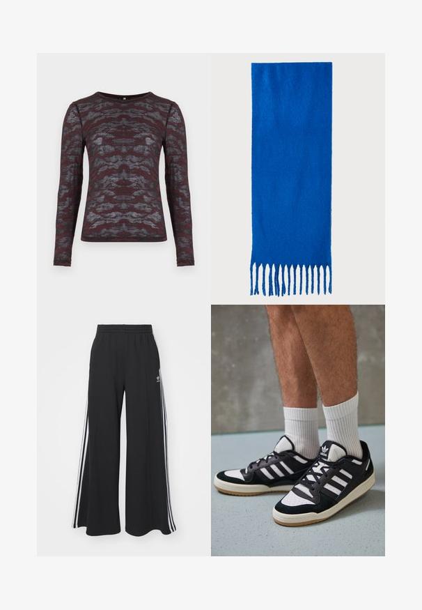 Camisola de mangas longas em burgundy com padrão abstrato cinza; tecido leve e ligeiramente texturizado; gola redonda, design justo.; Calças de suor largas e pretas com uma cintura elástica, apresentando riscas brancas nas laterais e um logótipo bordado na coxa esquerda.; Ténis em preto e branco com upper em camurça e couro, apresentando três riscas brancas, um toe perfurado e uma sola em borracha de goma.; Cachecol azul com franjas, feito de tecido macio; apresenta uma cor sólida com uma superfície texturizada e franjas cortadas de forma uniforme na parte inferior.