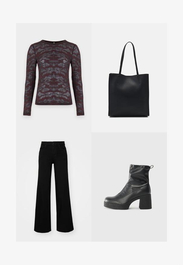 Długi rękaw w kolorze burgundowym z szarym, abstrakcyjnym wzorem; lekki, lekko teksturowany materiał; okrągły dekolt, dopasowany krój.; Czarne szerokie spodnie dżinsowe z usztywnionym pasem, szlufkami na pasek i kieszeniami z przodu. Gładka faktura o klasycznym fasonie.; Czarne botki za kostkę wykonane z gładkiej skóry, wyposażone w boczny zamek błyskawiczny, masywny teksturowany obcas oraz zaokrąglony czubek.; Czarna skórzana torba tote o gładkiej fakturze, prostokątnym kształcie i dwóch długich uchwytach. Brak widocznych elementów metalowych i ozdób.