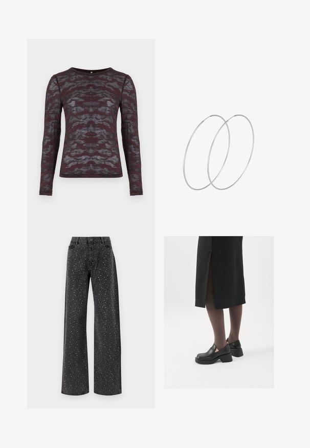 Long-sleeve top in burgundy with gray abstract pattern; lightweight, slightly textured fabric; crew neckline, fitted design.; Noisy May NMJANNEL LOOSE - Relaxed fit jeans - black denim; Black leather shoes with a rounded toe, thick block heel, and elastic side accents, paired with dark tights and a black skirt with a slit.; Silver hoop earrings with a minimalist design. Circular shape, smooth texture, and thin profile. Lightweight with a polished finish.