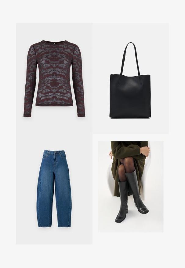Burgundi színű, hosszú ujjú felső, szürke absztrakt mintával; könnyű, enyhén textúrált anyag; kerek nyakkivágás, szoros fazon.; Közepes kék mosású farmernadrág, magas derékkal, széles lábszárral és hagyományos öt zsebes kialakítással, látható varrási részletekkel.; Térdfelett érő fekete bőr csizmák négyzet alakú orral és tömbtalppal, olajzöld kabátban ülő modellel bemutatva. Simaság, minimalista részletezés.; Fekete bőrtáska sima felszínnel, téglalap alakú, két hosszú füllel. Nincs látható fémkiegészítő vagy díszítés.