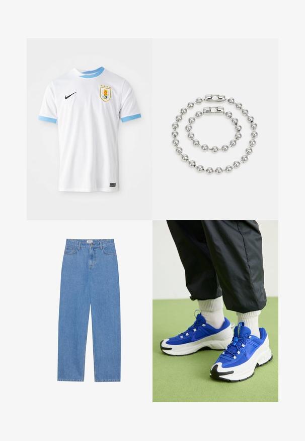 Cămașă de fotbal albă Nike cu accente albastre deschise pe guler și mâneci. Are un emblemă cu un blazon și trei stele deasupra.; Jeans din denim de culoare albastru deschis, cu croială dreaptă, design cu cinci buzunare, închidere cu un singur buton și detalii subtile de cusătură pe cusături.; Pantofi sport albaștri și albi, cu țesătură texturată, talpă din cauciuc proeminentă și accente negre. Au șireturi și un design cu amortizare.; Set de brățări din metal argintiu, format din două fire de mărgele rotunde alternative cu o finisare netedă și un închizător magnetic.