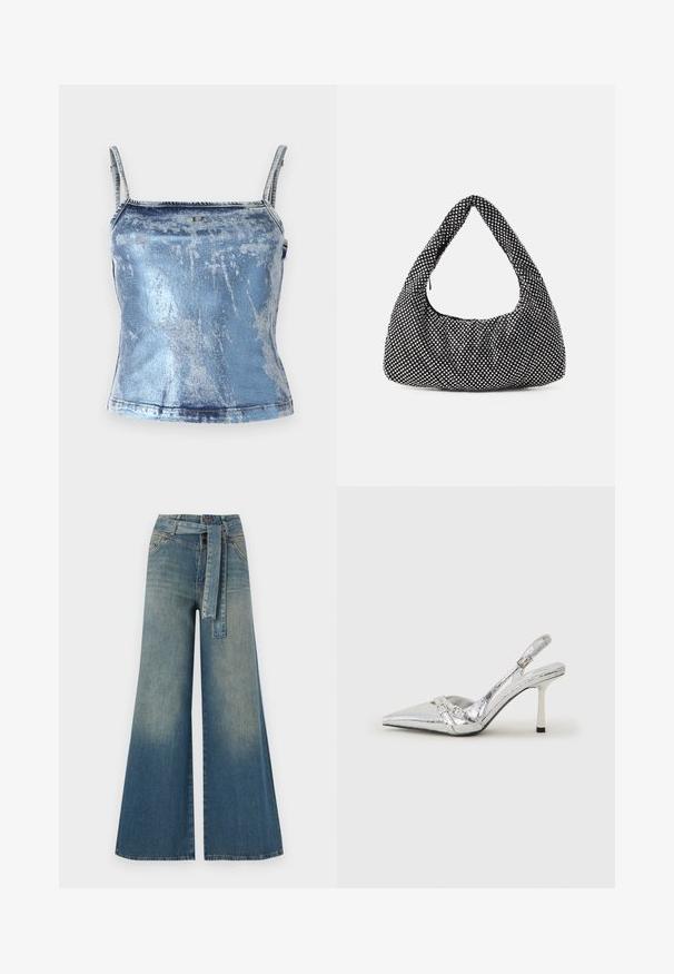 Sinine teksakangast kampsun õhukeste rihmadega, millel on hele pesu ja kerge kulumise tekstuur. Sisaldab väikest metallist logo detaili.; Laiad denimpüksid, millel on hele tume sinine gradiendiefekt, kõrge vöökoht, vöökumlid ja sobivast kangast vöö. Struktureeritud denimi viimistlus.; Hõbedased slingback kõrged kontsad terava ninaga, metalne viimistlus, kaks dekoratiivset rihma ja sihvakad kontsad musta otsaga.; Must kollane kott, millel on kaarjas hobo kuju, tekstuurne kangas ja hõbedased studid. Üksik ülemine sang, tõmbluku sulgemine ja pehme siluett.