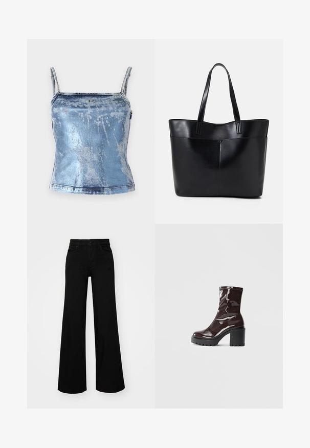 Sinine teksakangast kampsun õhukeste rihmadega, millel on hele pesu ja kerge kulumise tekstuur. Sisaldab väikest metallist logo detaili.; Mustad mustad püksid, mis on valmistatud denimist, struktuurse vöökohtade, vöökootidega ja esikottidega. Sile tekstuur klassikalise disainiga.; Klakav läikiv burgundi värvi pahkluu saabas, millel on paks must konts, sile tekstuur ja lihtne disain. Nähtavad kinnitused või mustrid puuduvad.; Must mustaga musta nahast, millel on kaks pikka kanda, sile tekstuur ja struktureeritud kuju. Esipoolsel on lisakoti jaoks tasku.