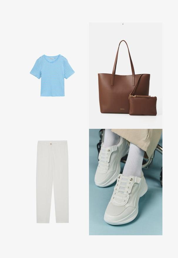 Vaaleansininen paita, jossa on vaakasuoria valkoisia raitoja, lyhyet hihat, pyöreä kaula-aukko ja rento istuvuus. Valmistettu pehmeästä puuvillamateriaalista.; Valkoiset, muotoon ommellut housut, joissa on suora lahjerakenne, napillinen sulkeminen, vyölenkit ja sivutaskut; sileä kangas.; Valkoiset lenkkarit, joissa on verkkokangas, kumipohja, nauhattomuus elastisilla nauhoilla ja kultatäyteiset yksityiskohdat.; Ruskea tekonahkainen olkalaukku, jossa on kaksi pitkää kahvaa ja yhteensopiva pieni pussi. Pinnassa on teksturoitu kuvio ja kultaiset yksityiskohdat.