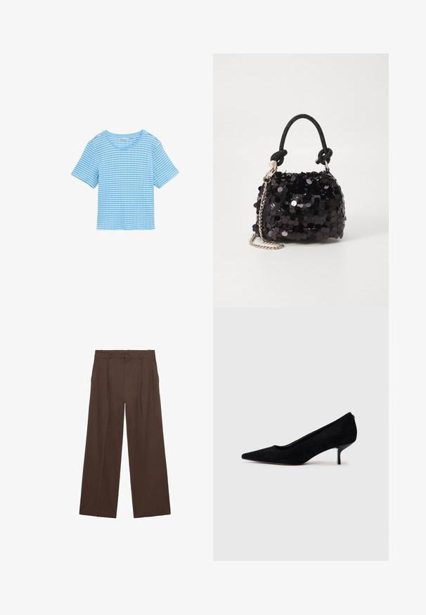 Cămașă bleu deschis cu dungi albe orizontale, cu mâneci scurte, guler rotund și un croi lejer. Fabricată dintr-un material moale din bumbac.; Pantaloni largi maro, confecționați dintr-un material neted, cu talie înaltă, plisaje frontale și două buzunare laterale.; Pantofii cu toc înalt din suede negru, cu vârf ascuțit și un toc subțire, jos. Textură netedă, cu un design elegant, fără hardware vizibil.; Geantă mini neagră cu paiete, cu un umar texturat înnodat și un lanț argintiu. Formă rotundă cu partea de sus adunată și detalii reflectorizante.