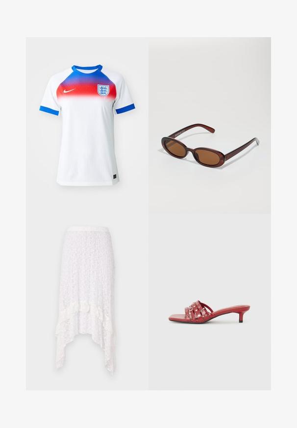 White football jersey with a gradient red and blue neckline, blue sleeve cuffs, featuring the England crest on the left chest. Made of textured fabric.; Lace white skirt with a textured floral pattern, high-low hem, and ruffled accents at the bottom, featuring an elastic waistband.; Red open-toe mules with a low heel, featuring multiple horizontal straps with circular accents. Smooth, glossy finish. Square toe shape.; Round, brown-tinted sunglasses with a glossy burgundy frame. Slim arms with subtle branding detail. Flat lens design.