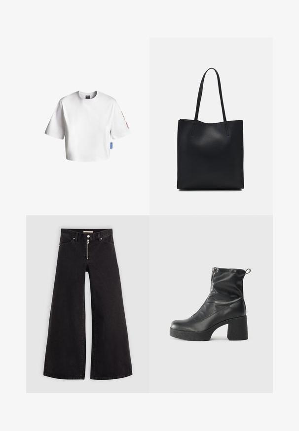 Camiseta blanca recortada de algodón, con mangas cortas, cuello redondo y una etiqueta azul en el lateral. Texto en la manga en rojo.; Jeans de pierna ancha en denim negro con cierre frontal, diseño de cinco bolsillos y detalles de costura sutiles. Textura suave y estilo casual.; Botines negros de tobillo, hechos de cuero suave, con cierre lateral, tacón grueso texturizado y diseño de punta redondeada.; Bolso tote de cuero negro con textura lisa, forma rectangular y dos asas largas. Sin herrajes ni adornos visibles.