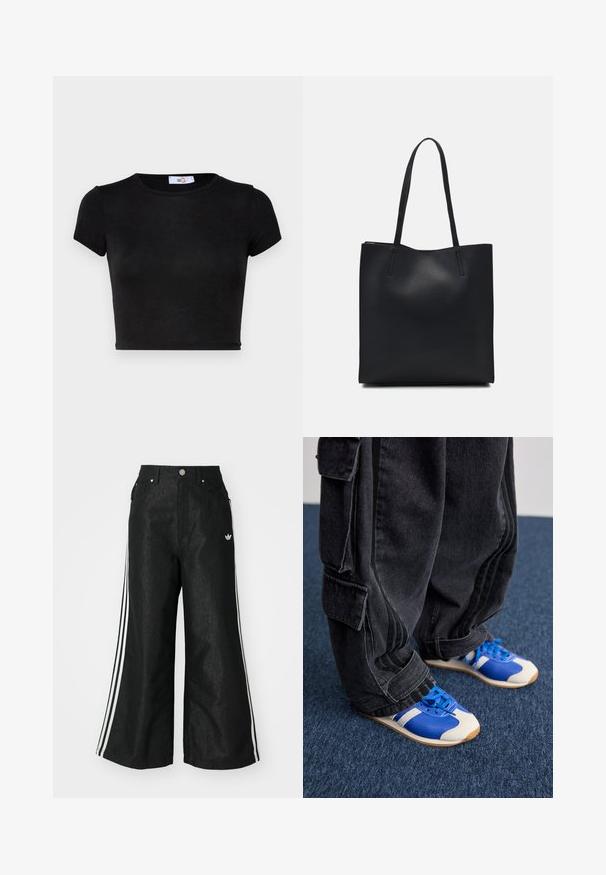 Must have pühajumal, lühikeste varrukatega, lühendatud t-särk. Valmistatud siledast kangast, ümmarguse kaelusega ja minimaalsete detailidega. Pehme tekstuur, ilma mustrite või aktsentideta.; Mustad mustadeline denimipüksid, millel on kummalgi küljel kolm valget triipu ja väike valge logo. Omab esikotte ja nööbiga kinnihoidmist.; Inimene, kes kannab laiu musti cargo-pükse ja siniste ning valgete tossude, seisab tumesinisel vaibal.; Mustast nahast kott sujuva tekstuuriga, ristkülikukujuline ja kahe pika sangaga. Pole nähtavat riistvara ega kaunistusi.