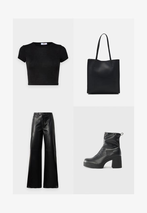 Fekete, rövid ujjú, cropped póló. Simább anyagból készült, kerek nyakkivágással és minimalista dizájnnal. Puha tapintású, minták vagy díszítések nélkül.; Fekete, magas derekú, széles lábú, műbőr nadrág elülső gombbal, cipzárral, övbújtatókkal és oldalsó zsebekkel, fehér háttérrel.; Fekete bokacsizmák sima bőrből, oldalsó cipzárral, vastag, texturált sarkú és lekerekített orrú dizájnnal.; Fekete bőrtáska sima felszínnel, téglalap alakú, két hosszú füllel. Nincs látható fémkiegészítő vagy díszítés.