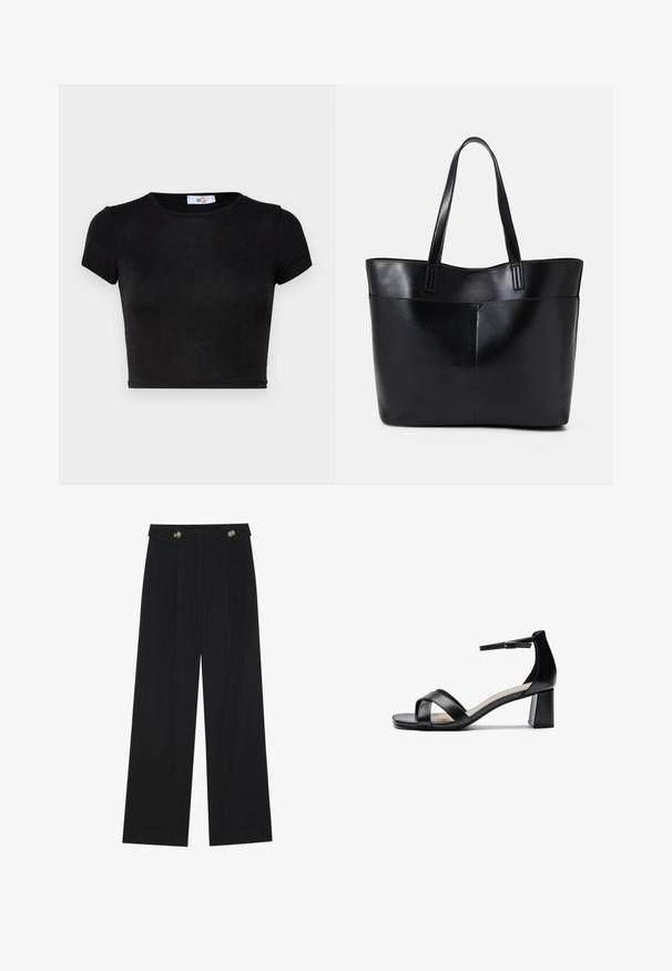 Musta, lyhythihainen, lyhyt toppi. Valmistettu sileästä kankaasta, jossa on pyöreä kaula-aukko ja minimalistinen muotoilu. Pehmeä pinta ilman kuvioita tai yksityiskohtia.; Mustat leveälahkeiset housut, joissa on korkea vyötärö, napit vyötärönauhassa ja etupuolella laskokset.; Musta avotossu, jossa on ristikkäiset hihnat, säädettävä nilkkaremmi ja paksu korko, painottuen sileään nahkatextuuriin.; Musta nahkainen kassi, jossa on kaksi pitkää kahvaa, sileä pinta ja jämäkkä muoto. Sisältää etutaskun lisävarastointia varten.