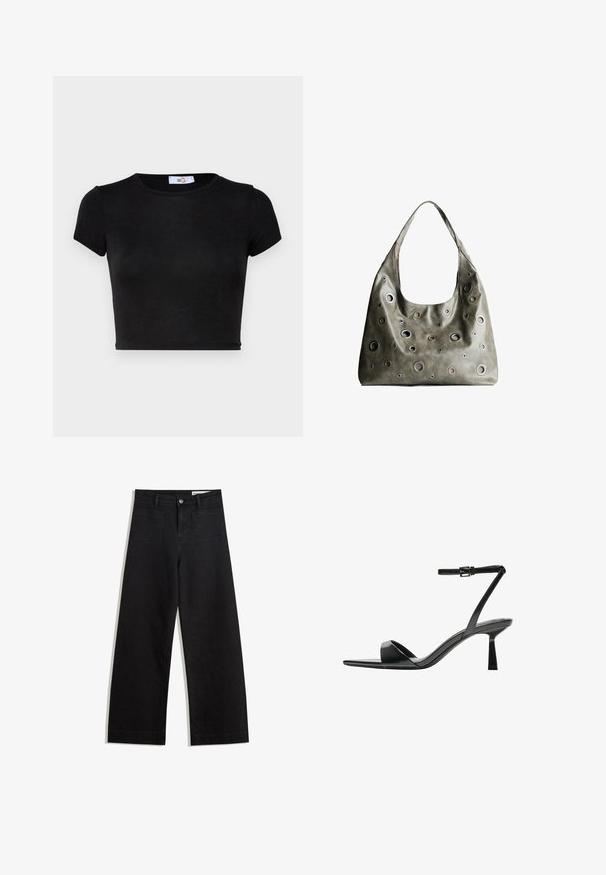 Čierny, krátky rukáv, skrátený tričko. Vyrobené z hladkej tkaniny s okrúhlym výstrihom a minimalistickým dizajnom. Mäkká textúra bez vzorov či akcentov.; Čierne denimové nohavice s širokými nohavicami a vysokým pásom, so prednými a zadnými vreckami, šitými švami a zapínaním na gombík. Hladká textúra.; Bershka Sandále na vysokom opätku - black; Olive zelená kožená kabelka so spadnutým dizajnom, obsahujúca rôzne veľkosti kruhových výrezov a akcenty v tmavších a svetlejších odtieňoch.