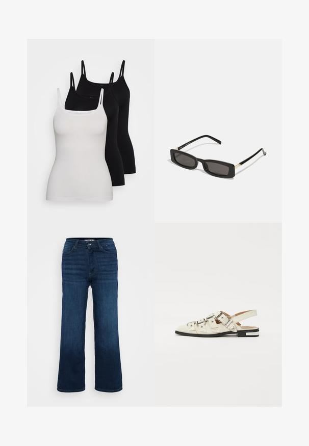 Tre canotte: una bianca e due nere. Realizzate in tessuto morbido, presentano spalline sottili e un design aderente con una texture liscia.; ONLY Petite ONLMADISON BLUSH WIDE - Wide Leg - dark blue denim; Sandali slingback in pelle bianca con più cinturini larghi e fibbie d'argento; suola piatta con un piccolo tacco nero e dettagli metallici.; Occhiali da sole neri rettangolari con lenti scure, montatura in plastica lucida e accenti dorati sulle tempie. Design minimalista e forma elegante.; Borsetta a clutch gialla in tessuto intrecciato con design a pattina, tracolla rimovibile e accentuazione in catena dorata. Texture liscia e forma rettangolare.; Orecchini a cerchio in oro con una finitura liscia e lucida. Design circolare con un piccolo perno e una chiusura trasparente per un indosso sicuro.