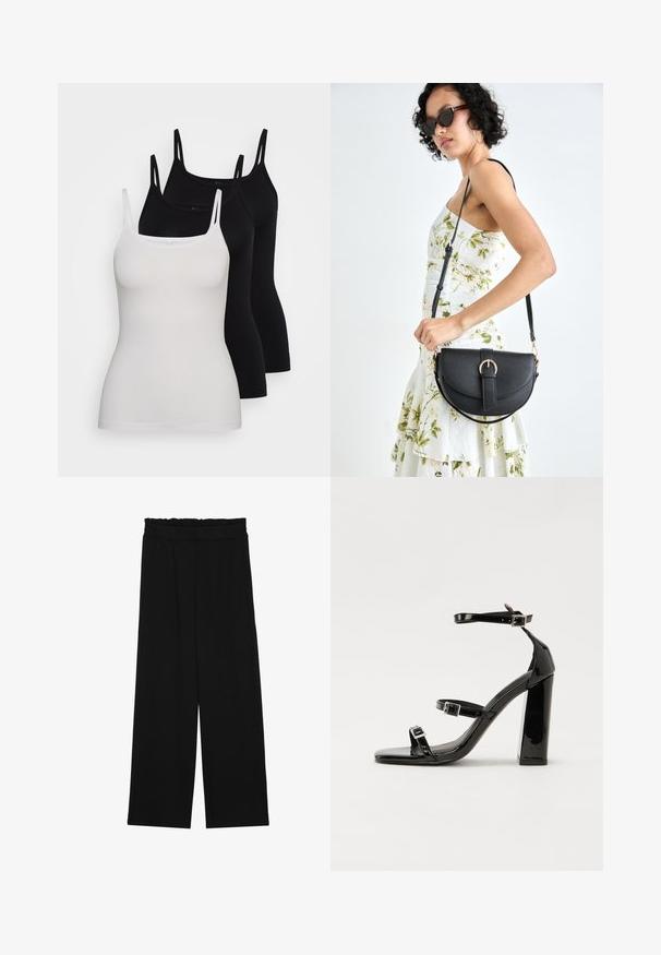 Three tank tops: one white and two black. Made of soft fabric, they feature thin straps and a fitted design with a smooth texture.; Black wide-leg trousers with a ruffled waistband, featuring two side pockets and a smooth, lightweight fabric. No visible patterns or hardware.; Black patent heeled sandals with a square toe, ankle straps, and silver buckles. Features a chunky block heel for stability.; Black leather handbag with a curved shape, detachable strap, and gold hardware. The bag features a flap with a buckle detail.