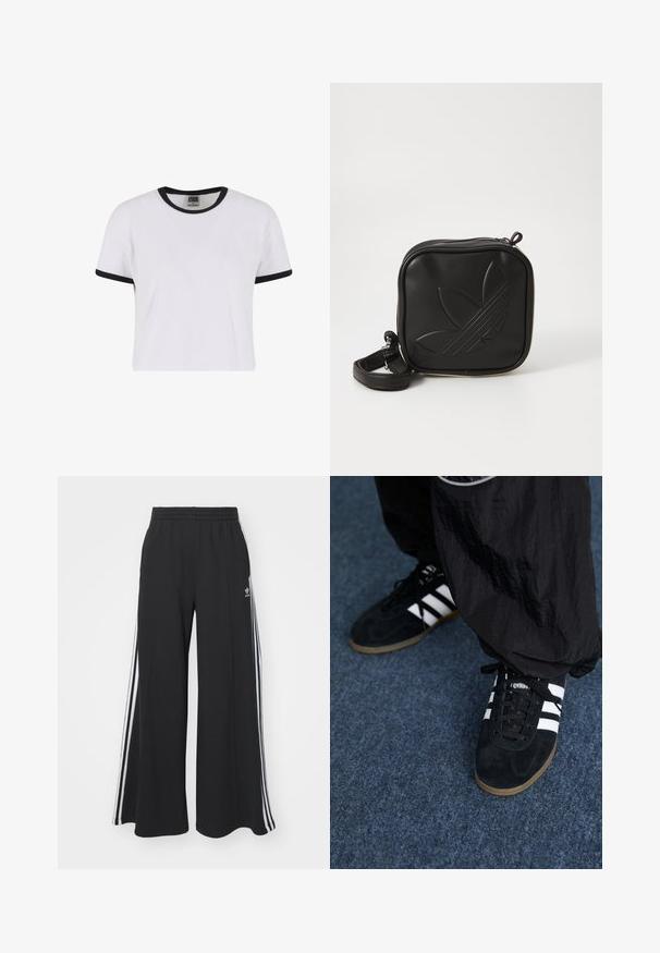 White short-sleeve t-shirt with a black ribbed collar and sleeve cuffs. Made from a smooth cotton material, it features a classic fit.; Black wide-leg sweatpants with an elastic waistband, featuring white side stripes and an embroidered logo on the left thigh.; Black suede athletic shoes with three white stripes and black laces. A textured black pant is partially visible beside the shoes.; Black square crossbody bag made of textured synthetic material. Features an embossed logo design and adjustable strap. Zipper closure.