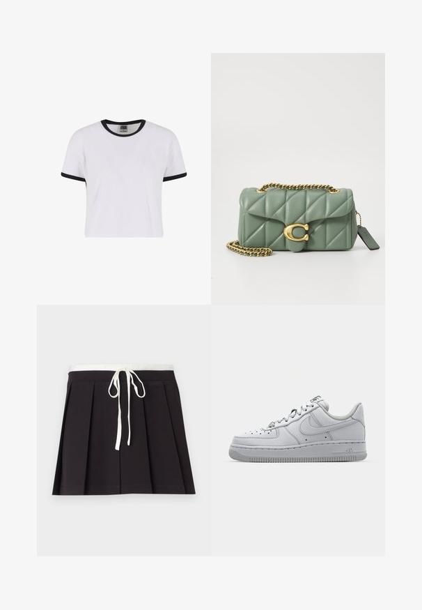 Bela majica s kratkimi rokavi z črnim rebrastim ovratnikom in manšeti. Narejena iz gladkega bombažnega materiala, ima klasičen kroj.; Črna nabrana krila z belim tkanim vrvico za pas. Narejena iz mehkega blaga, z gladko teksturo in preprostim, klasičnim dizajnom.; Bele usnjene superge z nizkim dizajnom, okroglo konico, perforiranimi podrobnostmi in teksturirano gumijasto podplatom. Ima sive poudarke na ježku.; COACH TABBY SHOULDER BAG 20 WITH PILLOW QUILTING - Torba čez telo - sage