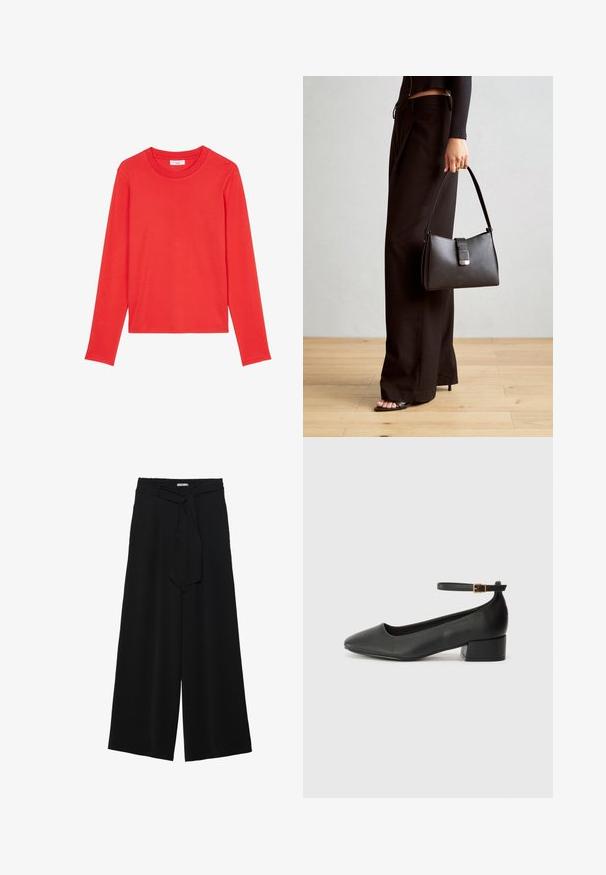 Long-sleeve shirt in bright red, made of soft cotton. Features a round neckline and regular fit, with no patterns or accents.; Black wide-leg pants featuring a textured fabric, an elastic waistband, and a detachable sash tie at the waist for adjustable fit.; Black leather pump with a pointed toe and a low block heel. Features an ankle strap with a gold-tone buckle. Smooth texture.; Black handbag with structured shape, smooth texture, and a metallic clasp. Paired with wide black pants and open-toe sandals on wooden floor.