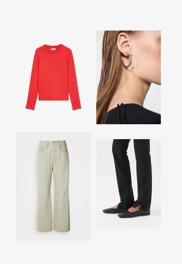 Langermet skjorte i lys rød, laget av myk bomull. Har rund hals og normal passform, uten mønstre eller detaljer.; Lyseblå vide jeans laget av denim, med høy midje, fem lommer og subtil falming med kontraststing.; Svart skinnballett-sko med spiss tå, stropp med sølvspenne, kombinert med svarte skreddersydde bukser med splitt i kanten.; Sølv ringøredob med en polert finish, med små gull detaljer og en rund form, båret på øreflippen.
