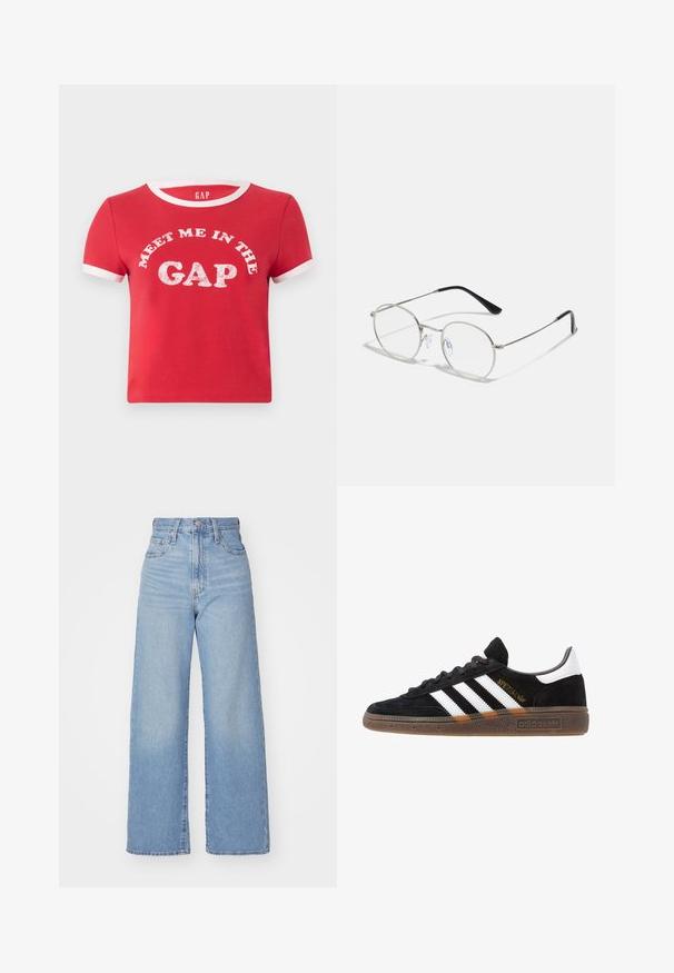 Rød bomull T-skjorte med korte ermer, hvit ribbestrikket krage og ermeakenter. Har grafisk tekst "MØT MEG I GAPET" i hvitt.; Lys blå høytlivs vide jeans med knapp- og glidelås lukking foran, foran og bak lommer, på en hvit bakgrunn.; Sorte Adidas sneakers med hvite striper, gull "Spezial" tekst, gummisåle og hvit hælklaff, vist fra profil.; Runde metallbriller med en tynn sølvramme, klare linser, og svarte stenger med gummiforsterkninger for komfort. Minimalistisk design.