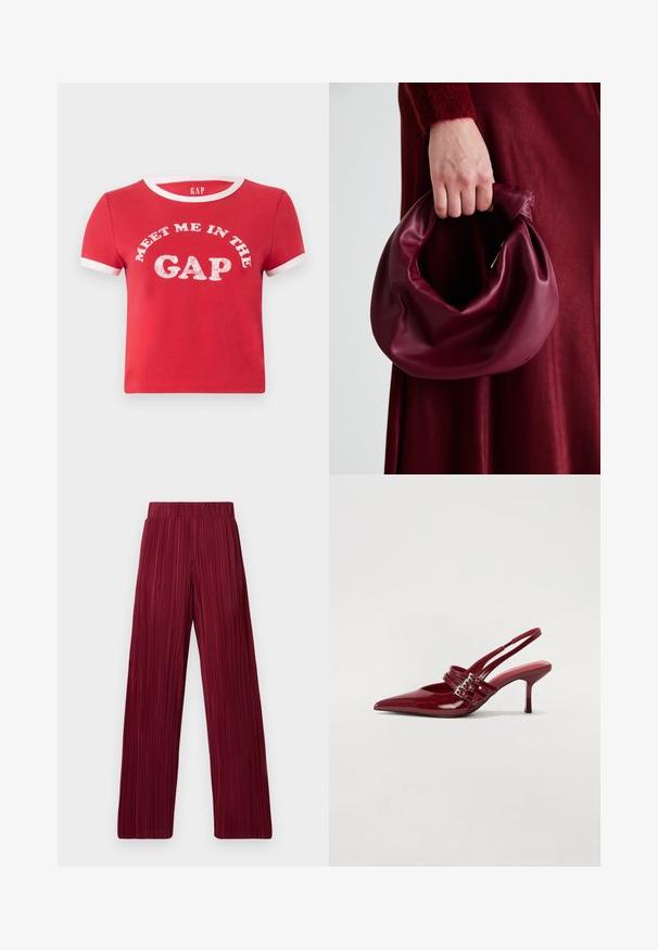 Red cotton t-shirt with short sleeves, white ribbed collar, and sleeve accents. Features graphic text "MEET ME IN THE GAP" in white.; Maroon pleated wide-leg pants with an elastic waistband. Textured fabric features vertical stripes. Straight cut to the hem.; Red patent leather slingback heels with a pointed toe, two buckle straps, and a slim, mid-height stiletto heel. Smooth texture.; Burgundy leather handbag with a soft, gathered design and a rounded shape. The handle is secured, showcasing a smooth texture.
