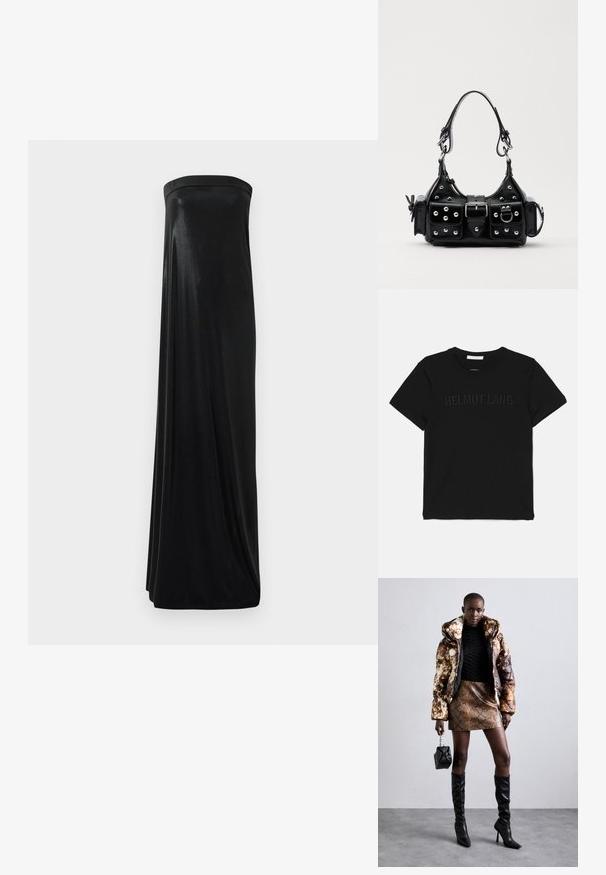 Sort bomulds T-shirt med rund hals og korte ærmer, med "HELMUT LANG" præget på forsiden i et matchende design.; Sort stropløs maxikjole lavet af glat, skinnende stof. Har en tætsiddende bodice og en svungende silhuet, der når gulvet uden udsmykninger.; Pufferjakke med et brunt og sort mønster, parret med en brun slangeskinds mini nederdel, sorte støvler op til knæet og en lille sort taske.; Sort læderhåndtaske med et buet design, prydet med sølvfarvede nitter, en spænde og to sidelommer. Justerbar rem til forskellige bære muligheder.