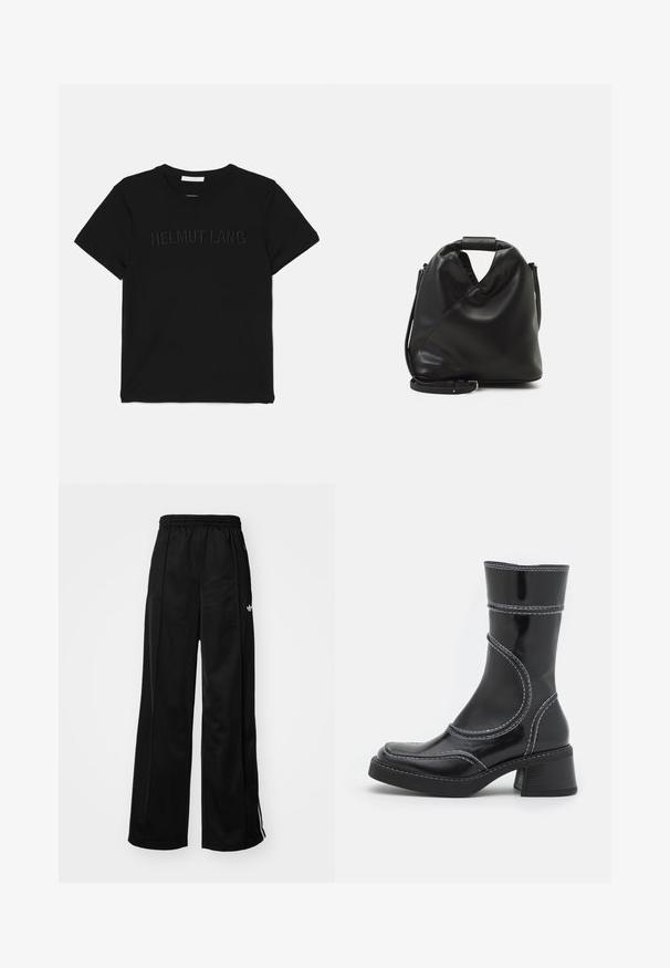 Melnas kokvilnas T-krekls ar apaļu kakla izgriezumu un īsām piedurknēm, uz kura priekšpuses ir izcelts uzraksts "HELMUT LANG" saskaņotā dizainā.; Melnas platajās sporta bikses ar elastīgu vidukli, ar baltām sānu svītrām un mazu logo kreisajā gurnā. Gluda auduma tekstūra.; Melna lakota ādas anklets ar baltiem šuvumiem, noapaļota purngala un kvadrāta papēža. Iezīmes izliekti dizaina līnijas un gluda struktūra.; Melnas, mīkstas ādas soma ar unikālu savērptu dizainu. Iespējo īsu rokturi un noņemamu plecu siksnu. Minimalistisks stils.