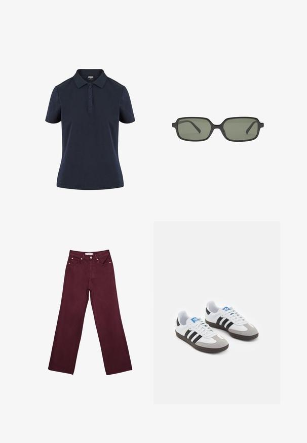 Mörkblå polo shirt i mjukt tyg, med klassisk krage, tre-knapps knäppning och korta ärmar med avslappnad passform.; Burgundy högmidjade jeans med rak bendesign, som har framfickor, knappstängning och detaljer i kopparfärg.; Sportskor med överdel i vit läder, grå mocka på tårna och tre svarta ränder. Har en blå logotyp på tungan och en texturerad gummisula.; Svarta rektangulära solglasögon med mörkgröna linser, med en platt design, minimalistiska sidor och en lätt ram för komfort.