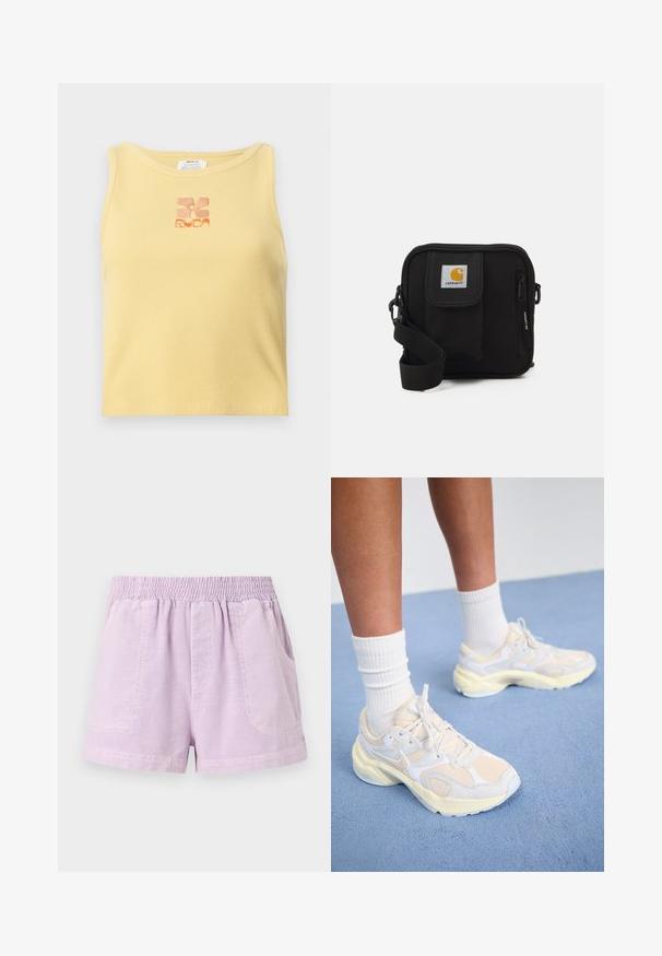 Geel geribde tanktop met een klein, geborduurd bloemenlogo in oranje in het midden. Eenvoudig, mouwloos ontwerp met een ronde halslijn.; Lila shorts gemaakt van lichtgewicht stof met een elastische tailleband, voorzien van twee voorzakken en een losse pasvorm.; Slanke sportieve schoenen in lichtgeel en wit, met een combinatie van mesh- en synthetische materialen, een afgeronde vorm en gestructureerde zolen.; Zwarte schoudertas met een rits hoofdcompartiment, voork pocket, verstelbare strap en een zichtbaar logo op de klep.