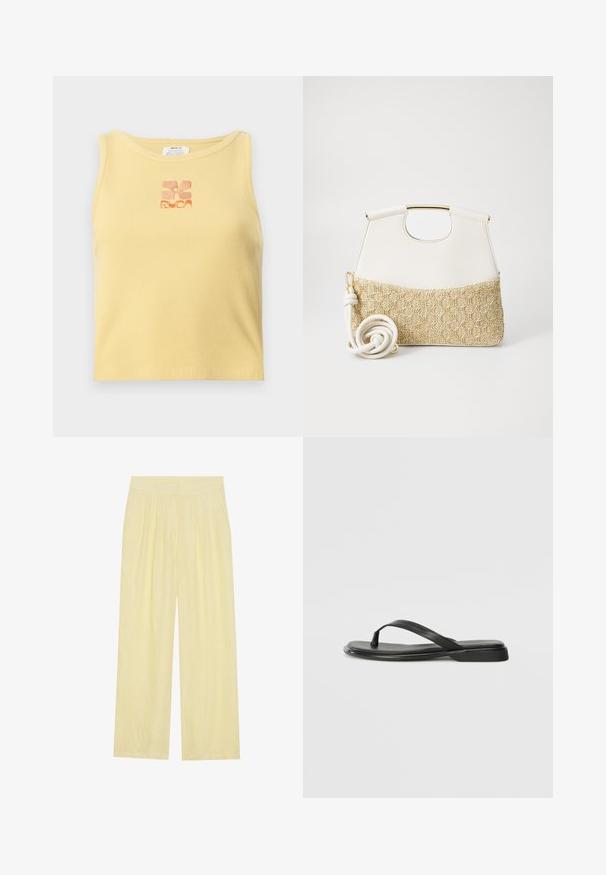 Camiseta de tirantes amarilla con ribete que presenta un pequeño logo floral bordado en naranja en el centro. Diseño simple, sin mangas y con cuello redondo.; Pantalones anchos de color amarillo claro, hechos de una tela texturizada, con un frente plisado y una cintura alta elástica.; Chancla negra de piel suave, con un diseño de tira delgada y una suela plana de perfil mínimo. Sin patrones ni acentos notables.; Bolso de mano de piel blanca con un fondo de tejido trenzado en crema texturizado. Cuenta con un asa en tono dorado y una correa blanca enrollada para mayor versatilidad.; Los pendientes en tono dorado presentan formas irregulares y texturizadas, adornadas con piedras preciosas verdes y perlas blancas, asegurados con cierres de clip.