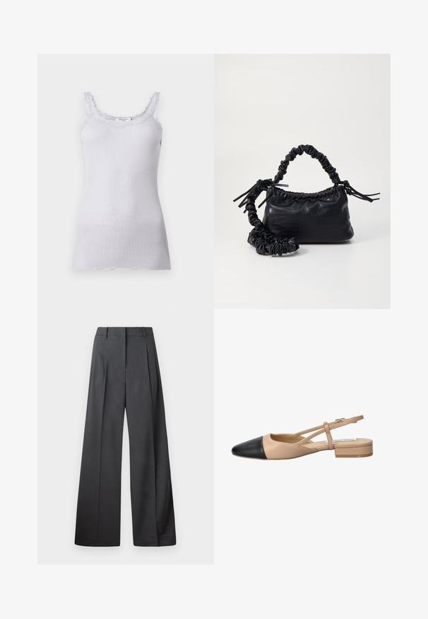 Lilac krāsas ribota bezpaliktnīša krekls ar mežģīņu apdari ap kakla izgriezumu un siksnām, ar pieguļošu siluetu un mīkstu tekstūru. Nav redzamu logo.; Platās kājas bikses tumši pelēkā audumā, ar augstu jostasvietu, ar vienu uzpūstu vīli un gludu tekstūru ar tīru apdari ap malām.; Beidzējais un melns divu tonā sūkņis ar norāvu, ar norādītu pirkstu, plakanu papēdi un krustojuma siksnu detaļu. Gluda ādas tekstūra.; Melnā mākslīgās ādas rokassoma ar krokodila rakstu, savilkta augšdaļa un saburzīta siksna. Izskatās mīksta un kompakta pēc dizaina.