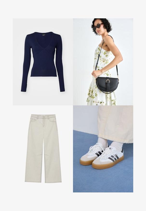 Merevaiguga pikkade varrukatega topp, mis on valmistatud venivast kangast, V-kaeluse, voolava silueti ja peene ristõmblusega detailiga ees.; Heledad hall-gajused püksid, viie taskuga, ette nööpidega kinnitamine ja kontrastne õmblus. Kangas paistab pehme ja vastupidav.; Valged tossud mustade triipudega ja beeži nahaga aktsentidega. Omavad tekstuuriga kummist talla ja lamedaid valgeid paelu, kantud heledate sokkidega.; Mustmust mustraha kõverate joontega, eemaldatava rihmaga ja kuldsete detailidega. Kotil on klapp, millel on pandladetail.