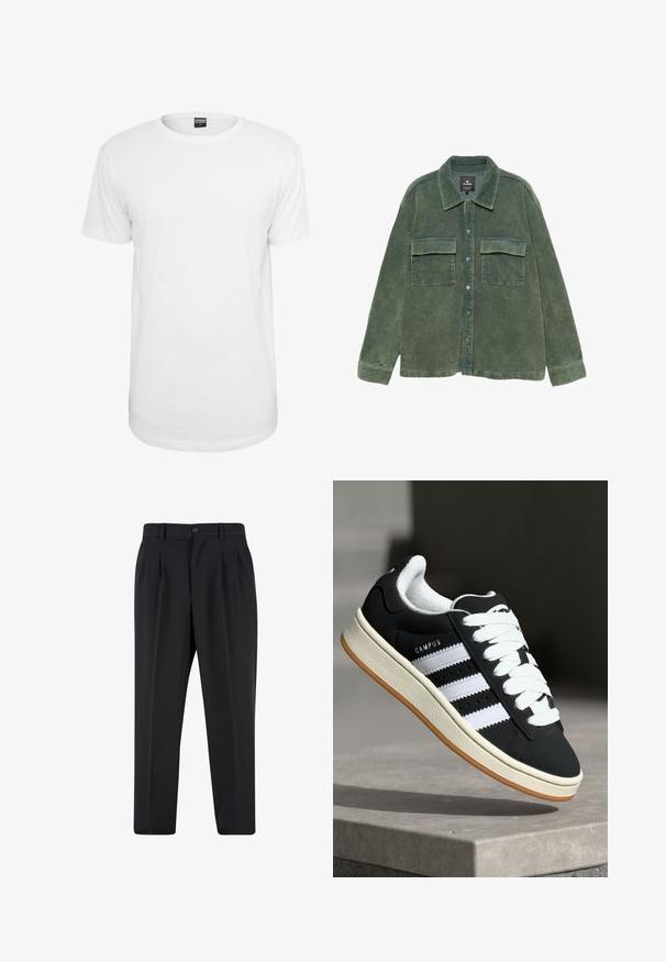 Weißes kurzärmeliges T-Shirt aus Baumwolle mit einem klassischen Rundhalsausschnitt, lockerem Schnitt und ohne sichtbare Muster oder Logos.; Grüne Cordhemdjacke mit Kragen, vorderem Knopfverschluss und zwei Brusttaschen. Rippstruktur über die gesamte Oberfläche.; Schwarze Hose mit plissiertem Vorderdesign, aus glattem Stoff gefertigt. Mit Knopfverschluss und Gürtelschlaufen; gerade Passform.; Schwarzer Sneaker mit weißen Streifen, Schnürdesign, strukturiertem Obermaterial und Gummisohle. Verfügt über das "CAMPUS"-Logo an der Seite und eine Gummilaufsohle.