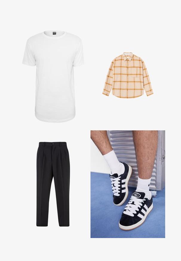 White short-sleeve t-shirt made of cotton, featuring a classic crew neckline, a relaxed fit, and no visible patterns or logos.; Long-sleeve plaid shirt in beige with yellow and brown checks, button-up design, single chest pocket, made from a textured fabric.; Black trousers with a pleated front design, made from smooth fabric. Features a button closure and belt loops; straight-leg fit.; Black suede sneakers with white laces and three white stripes. Features a circular black logo on the tongue and a gum rubber sole.