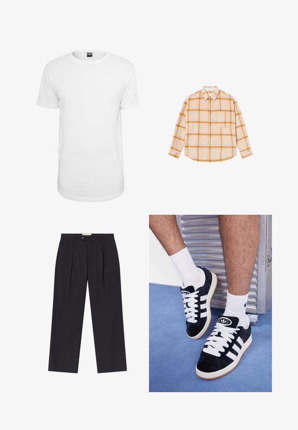 T-shirt bianco a maniche corte realizzato in cotone, con colletto rotondo classico, vestibilità comoda e senza motivi o loghi visibili.; Camicia a maniche lunghe a quadri in beige con motivi gialli e marroni, design con bottoni, taschino singolo sul petto, realizzata in un tessuto testurizzato.; Pantaloni scuri navy su misura con vita alta, due pieghe frontali, chiusura con bottone e gamba dritta in tessuto liscio.; Sneakers in suede nero con lacci bianchi e tre strisce bianche. Presentano un logo circolare nero sulla linguetta e una suola in gomma color gomma.