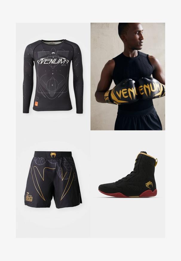 Duge rukave crna sportska majica, teksturirani materijali, prilagođen kroj, s bijelim grafičkim uzorcima i narančastom oznakom na rubu.; Crne atletske šortse s dizajnom zlatne zmijske kljove, uzorcima lišća i logom zlatne zmijske glave na pojasu, na bijeloj pozadini.; Visoka atletska obuća s crnom mrežicom i sintetičkim materijalom, teksturiranim detaljima, crvenom gumiranom potplatom i zlatnim ukrasima na članku.; Crne boksačke rukavice s zlatnim detaljima i "VENUM" brendingom. Sportaš nosi crni top bez rukava, ističući mišićavu fizičku građu.