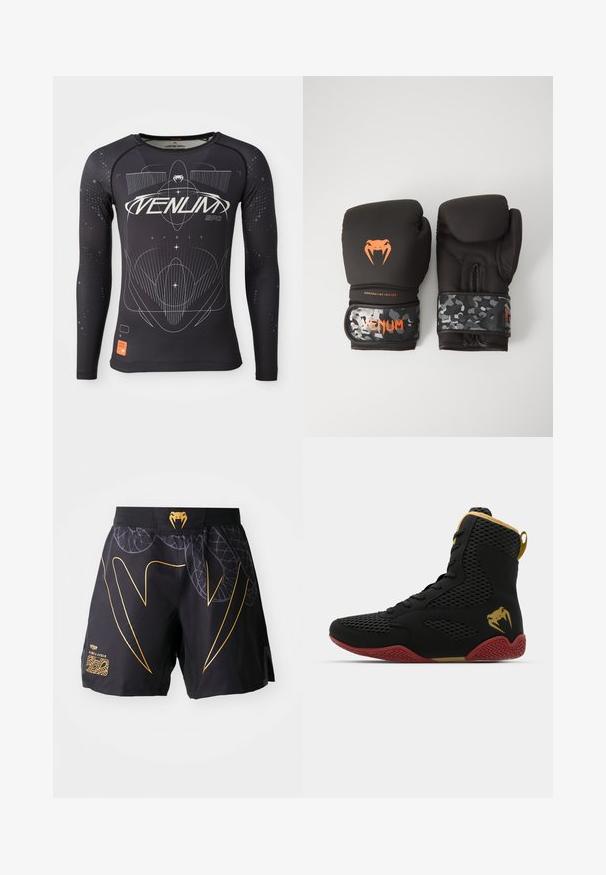 Garās piedurknes melna sporta krekls, teksturēts audums, pieguļošs dizains, ar baltām grafiskām pēdām un oranžu logotipa etiķeti apakšmalā.; Melnas sporta bikses ar zelta čūsku zoba dizainu, lapu rakstiem un zelta čūskas galvas logotipu jostā uz baltā fona.; Augstas sporta kurpes ar melnu acu audumu un sintētiskajiem materiāliem, teksturētiem akcentiem, sarkanu gumijas zoli un zelta detaļām uz potītes.; Melni boksa cimdi ar matētu apdari un ergonomisku dizainu. Oranža logo detaļa un maskēšanās raksta plaukstas siksnas.