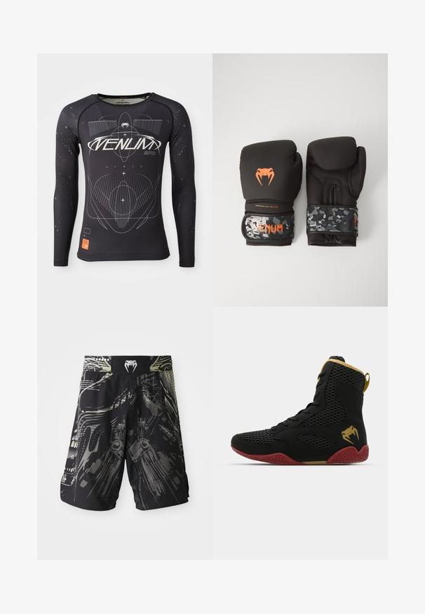 Langärmliges schwarzes Sporthemd, strukturiertes Gewebe, taillierter Schnitt, mit weißen grafischen Mustern und einem orangefarbenen Logoetikett am Saum.; Schwarze Shorts mit einem mehrfarbigen grafischen Druck, der mechanische Designs zeigt. Elastischer Bund mit einem Logo auf der Rückseite. Leichtes Material.; Hochschuh-Sportschuh aus schwarzem Mesh und synthetischem Material, mit strukturierten Akzenten, roter Gummisohle und goldenen Details am Knöchel.; Schwarze Boxhandschuhe mit matter Oberfläche und ergonomischem Design. Orangefarbene Logodetails und armeeähnlich gemusterte Handgelenkriemen.