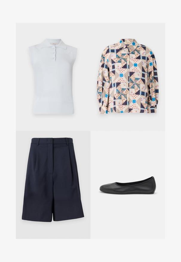 Lyseblå ermeløs polo med tradisjonell krage, tre-knaps placket og ribbet hem. Laget av et glattere, mykt stoff.; Knappopp skjorte med et lappeverk-design med blomster- og geometriske mønstre i beige, blå, marineblå og røde nyanser; lange ermer.; Marineblå tilpassede shorts laget av et glatt stoff med høy midje, legg foran og sidelommer. Renslig, strukturert silhuett.; Svart skinnballettflatt med rund tå, glatt tekstur, minimal sømdetalj, og et fleksibelt såledesign.