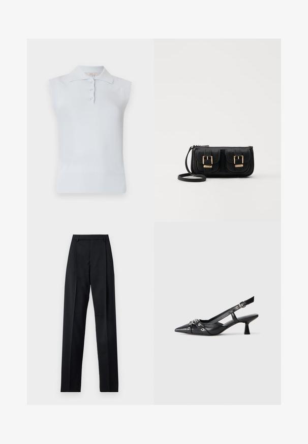 Világoskék ujjatlan póló, klasszikus gallérral, háromgombos gombolással és bordázott aljjal. Simább, puha anyagból készült.; Fekete nadrág sima anyagból, magas derékkal, széles lábakkal, elülső redőkkel és klasszikus övhurkokkal. Oldalzsebek nem láthatók.; Fekete bőr slingback cipő hegyes orral, dekoratív pántokkal, fém szemekkel és alacsony blokk sarkú. Texturált felület.; Fekete bőr keresztbody táska két elülső zsebbel, arany csattokkal, cipzáras záródással és vékony pánttal. Textúrált felület és kompakt téglalap alak.