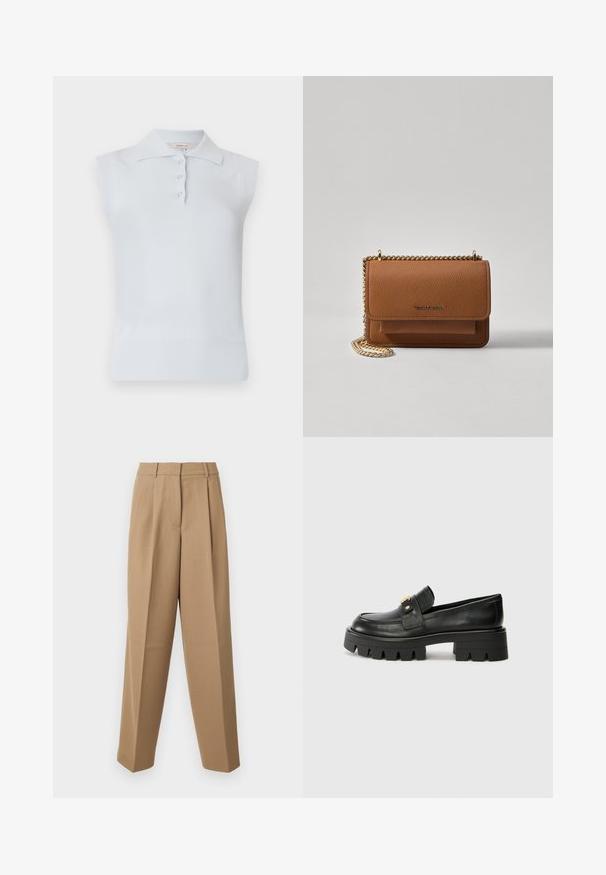 Lyseblå ermeløs polo med tradisjonell krage, tre-knaps placket og ribbet hem. Laget av et glattere, mykt stoff.; Beige skræddersyede bukser med høj talje, plisseret front og brede ben. Stof virker glat med en let glans.; Sorte skinnloafers med en kraftig såle, med en gulltoneakcent foran og en jevn finish. Kraftig mønsterdesign på sålen.; Brun teksturert lær crossover-veske med gullkjede-stropp og klaffelukking. Fronten har logo-detalj og en lomme under klaffen.