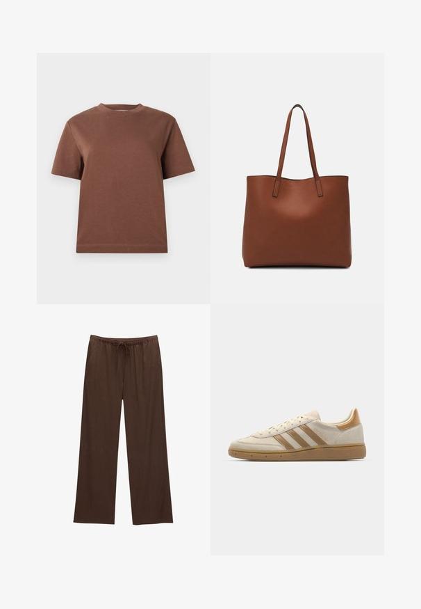 Brun bomulds T-shirt med rund hals, korte ærmer og en afslappet pasform. Glat tekstur uden synlige mønstre eller pynt.; Brune brede bukser lavet af blød stof, med elastisk talje og snøre samt to sidelommer.; Beige ruskindsneaker med lysebrune detaljer. Har tre brune striber, struktureret gummisål og et rundt tå-design.; Brun læder tote taske med en glat overflade, åben topdesign og to skulderremme. Har minimal syning og ingen synlig hardware.