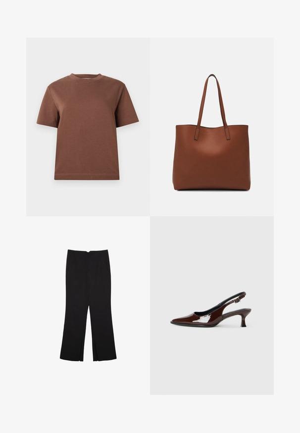 Hnedé bavlnené tričko s okrúhlym výstrihom, krátkymi rukávmi a voľným strihom. Hladká textúra a žiadne viditeľné vzory ani ozdoby.; Čierne nohavice so strihom rovného strihu, s prednými vreckami a bočnými rozparkami na leme. Vyrobené z mäkkej, hladkej tkaniny. Vhodné na rôzne príležitosti.; Hnedá lakovaná slingback obuv s špicatou špičkou a mierne vysokým opätkom. Obsahuje pracku pre bezpečné upevnenie. Hladká textúra.; Hnedá kožená taška na rameno s hladkou textúrou, otvoreným vrchom a dvoma ramenými popruhmi. Má minimálne šitia a žiadne viditeľné kovania.