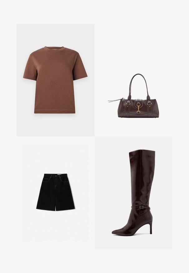 T-shirt in cotone marrone con collo a giro, maniche corte e una vestibilità rilassata. Tessuto liscio senza motivi o decorazioni visibili.; Pantaloni shorts di denim neri con vestibilità ampia, dotati di cinque tasche, dettagli di cucitura gialla e design a vita media.; Anna Field Stivali alti - bordeaux; Borsetta in pelle marrone scuro con due manici superiori, dettagli in metallo dorato, chiusura frontale e texture cucite sui lati.