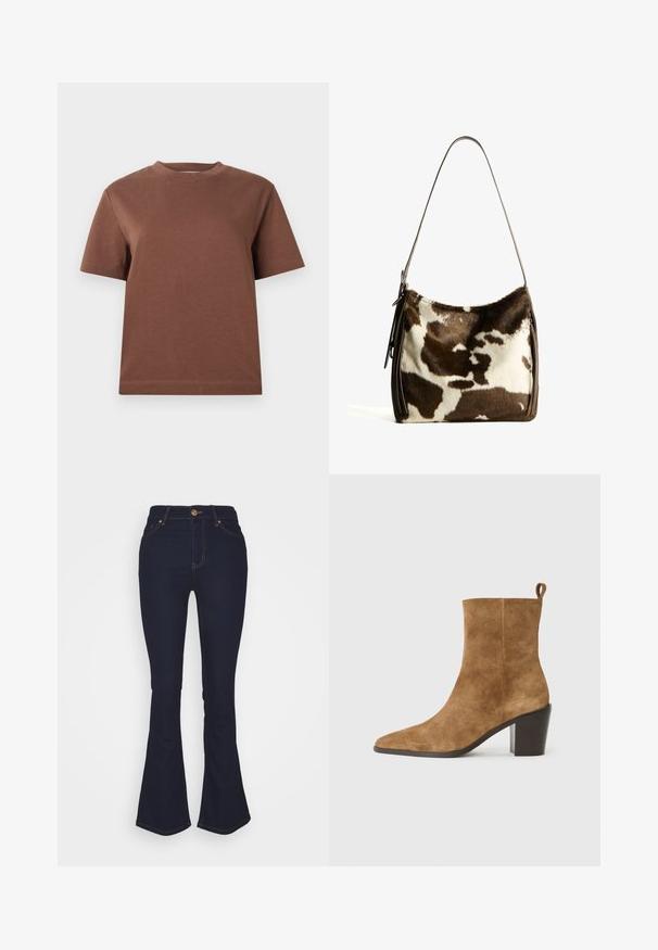 Hnědé bavlněné tričko s kulatým výstřihem, krátkými rukávy a volným střihem. Hladký povrch bez viditelných vzorů nebo ozdob.; Marks & Spencer Eva - Džíny Bootcut - blue denim; Hnědé semišové kotníkové boty s špičatou špičkou a masivním černým podpatkem, prezentované na neutrálním pozadí.; Hnědá a krémová kravská kůže ramenní taška s hladkým koženým popruhem, zipovým uzavřením a jemným, texturovaným povrchem s přírodním vzorem.