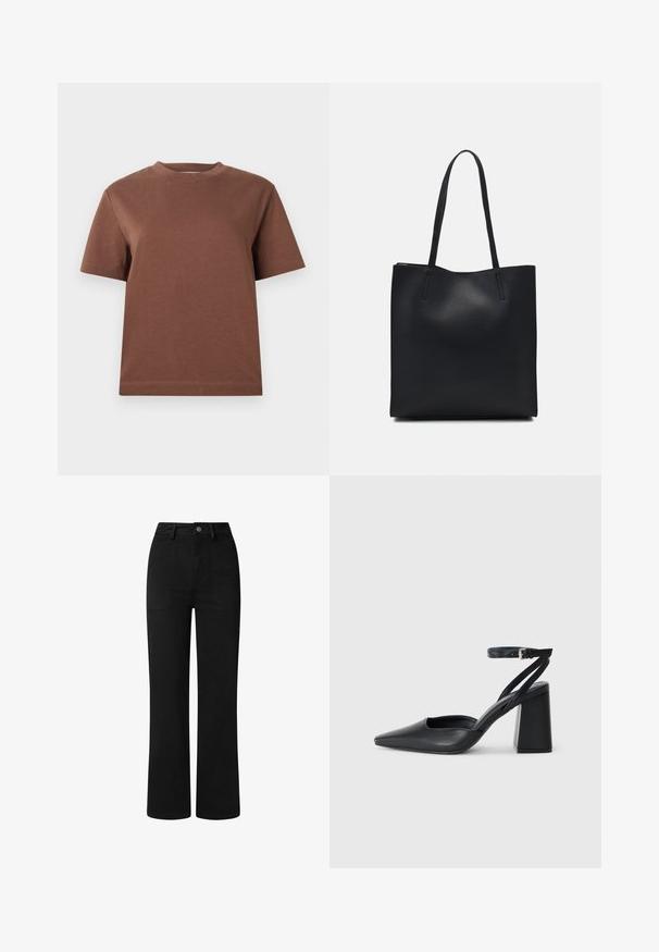 Pruun puuvilla T-särk, ümar lõige kaeluses, lühikesed varrukad ja mugav lõige. Sile tekstuur ja ilma nähtavate mustrite või kaunistusteta.; Mustad, kõrge vöökohaga püksid sirge jala disainiga, valmistatud siledast puuvillast kangast. Omab eespool taskuid ja lihtsat metallist nööbisuletust.; Mustmustest must-käigukingad, millel on konksuga nöör ja paks konts. Ühtlane tekstuur, stiilne disain ja minimalistlik esteetika.; Mustast nahast kott sujuva tekstuuriga, ristkülikukujuline ja kahe pika sangaga. Pole nähtavat riistvara ega kaunistusi.