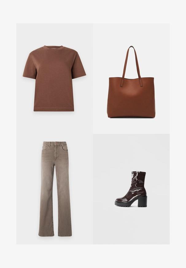 Camiseta de algodón marrón con cuello redondo, mangas cortas y un corte holgado. Textura suave y sin patrones ni adornos visibles.; Jeans de pierna recta de talle alto color marrón con botón frontal, trabillas para el cinturón y diseño clásico de cinco bolsillos sobre un fondo blanco.; Botín burdeos brillante hasta el tobillo con un tacón negro grueso, que presenta una textura suave y un diseño sencillo. Sin cierres ni patrones visibles.; Bolso tote de cuero marrón con una textura suave, diseño de apertura superior y dos correas para el hombro. Presenta una costura mínima y sin herrajes visibles.